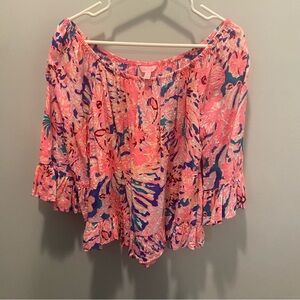 Lilly Pulitzer Pink and Blue Off-Shoulder Blouse